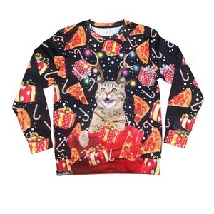Funny Cat Pizza Antlers Christmas Ugly‎ Sweater Long Sleeve
